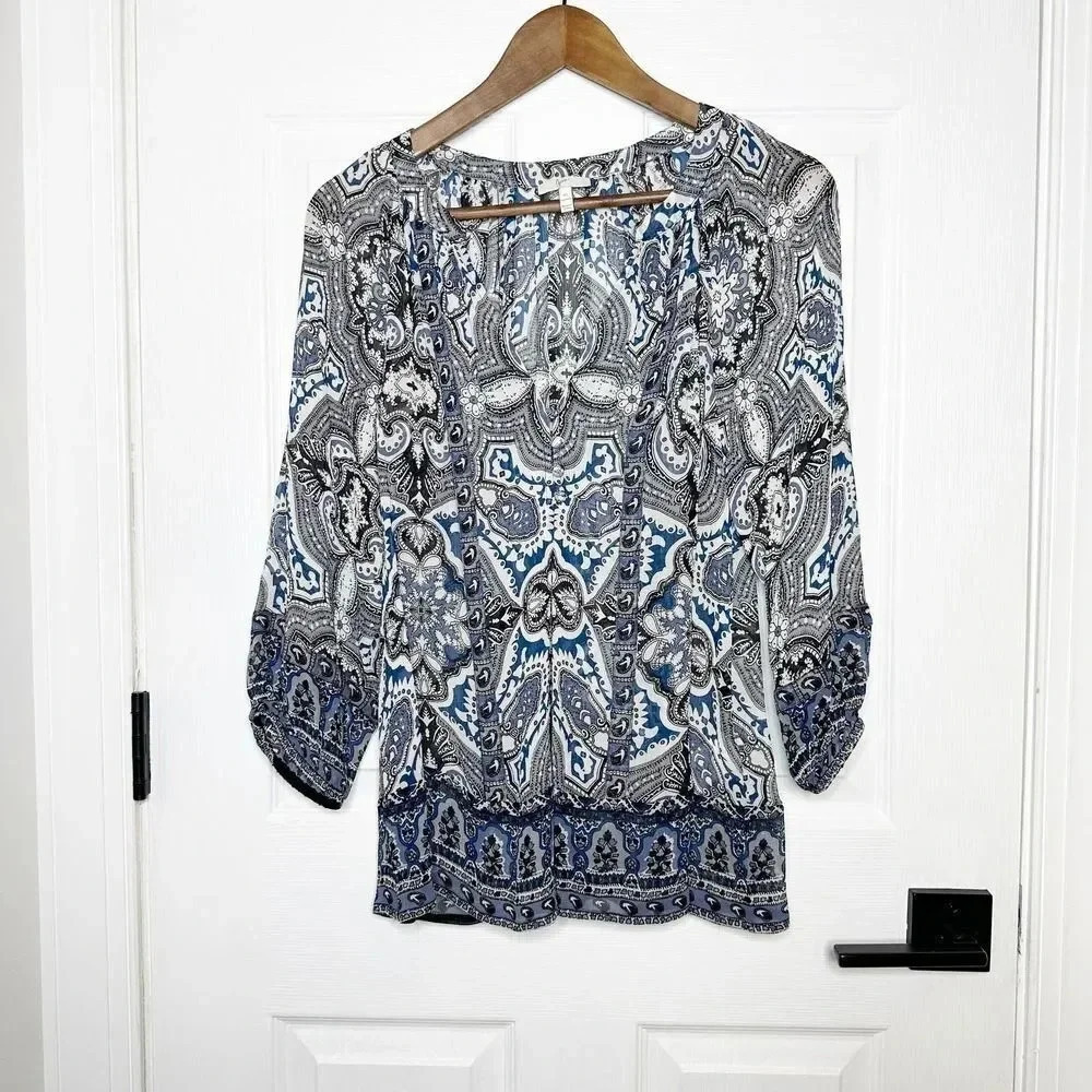 JOIE 100% Silk‎ Gray Blue Paisley Blouse Size XS